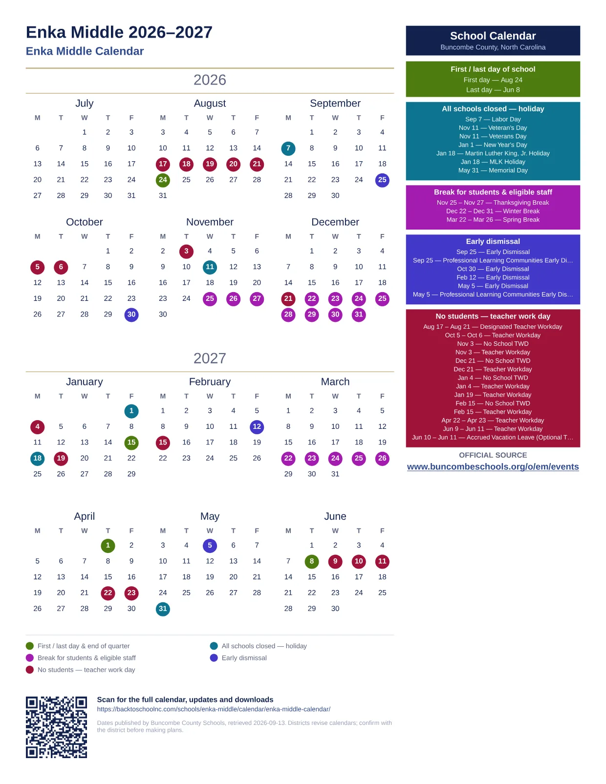 Enka Middle printable calendar