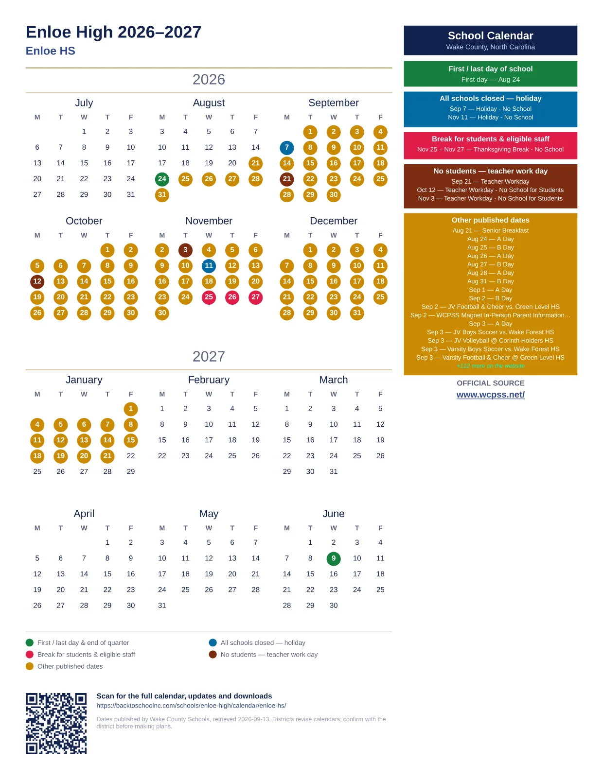 Enloe High 2026–2027 printable calendar
