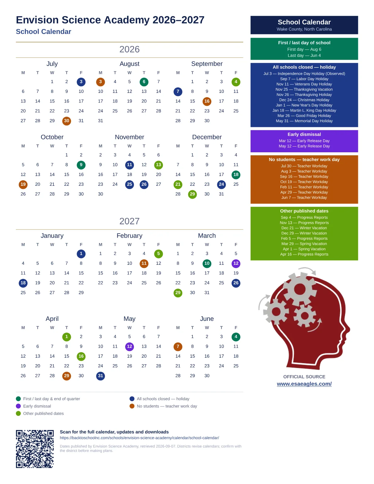 Envision Science Academy School Calendar 2026–2027 printable calendar