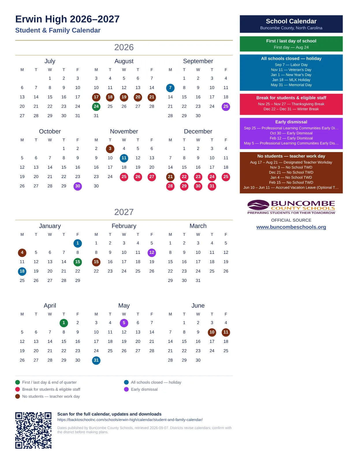 Erwin High printable calendar
