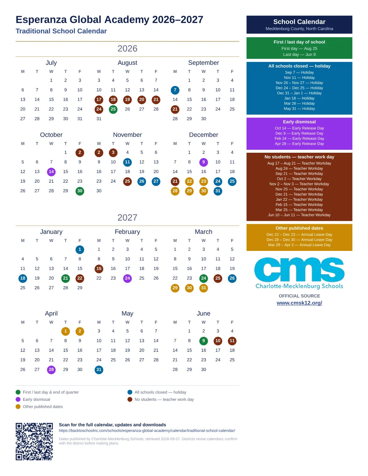 Esperanza Global Academy 2026–2027 printable calendar
