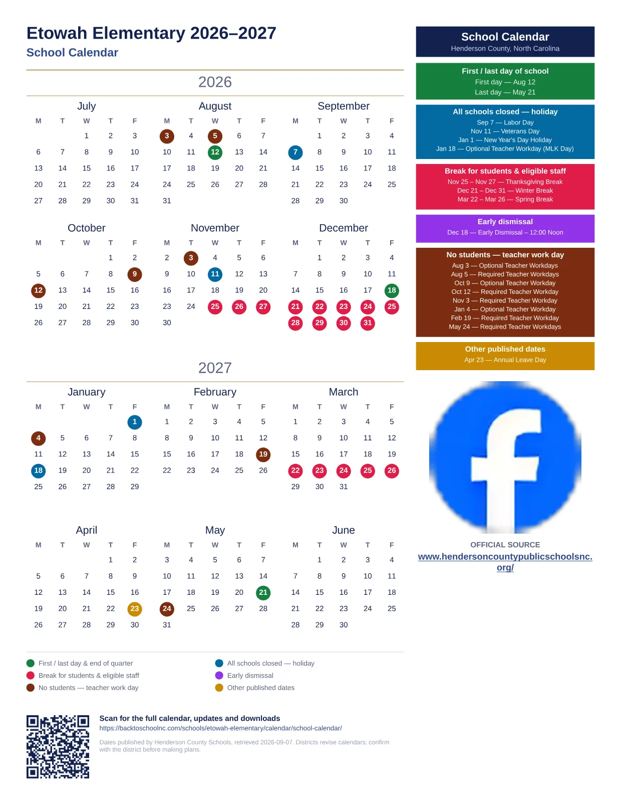 Etowah Elementary 2026–2027 printable calendar