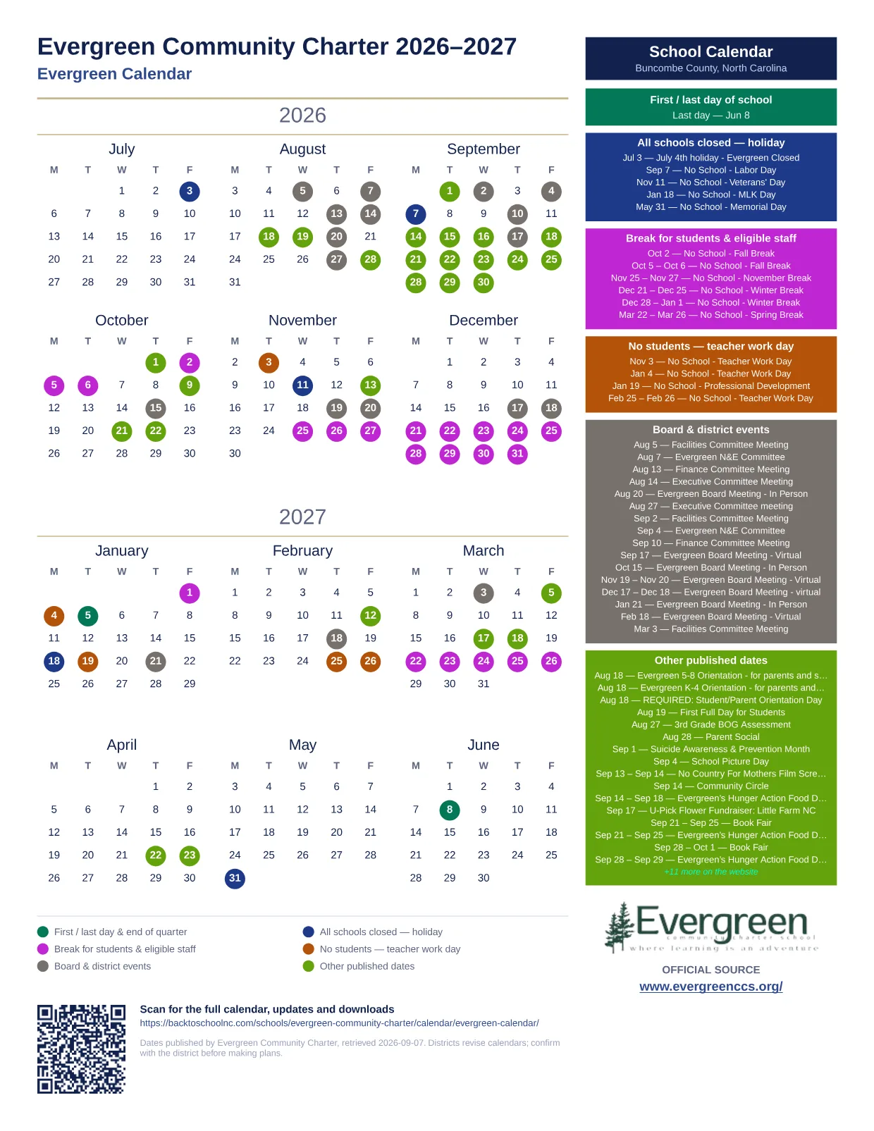 Evergreen Community Charter Evergreen Calendar  printable calendar