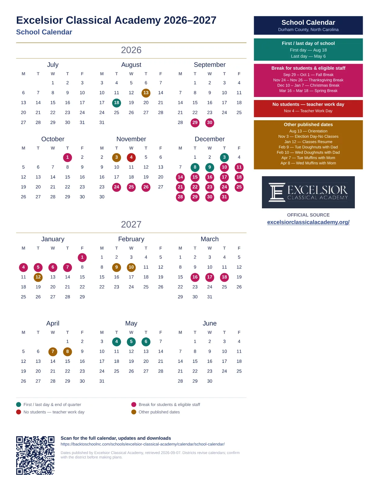 Excelsior Classical Academy School Calendar 2026–2027 printable calendar