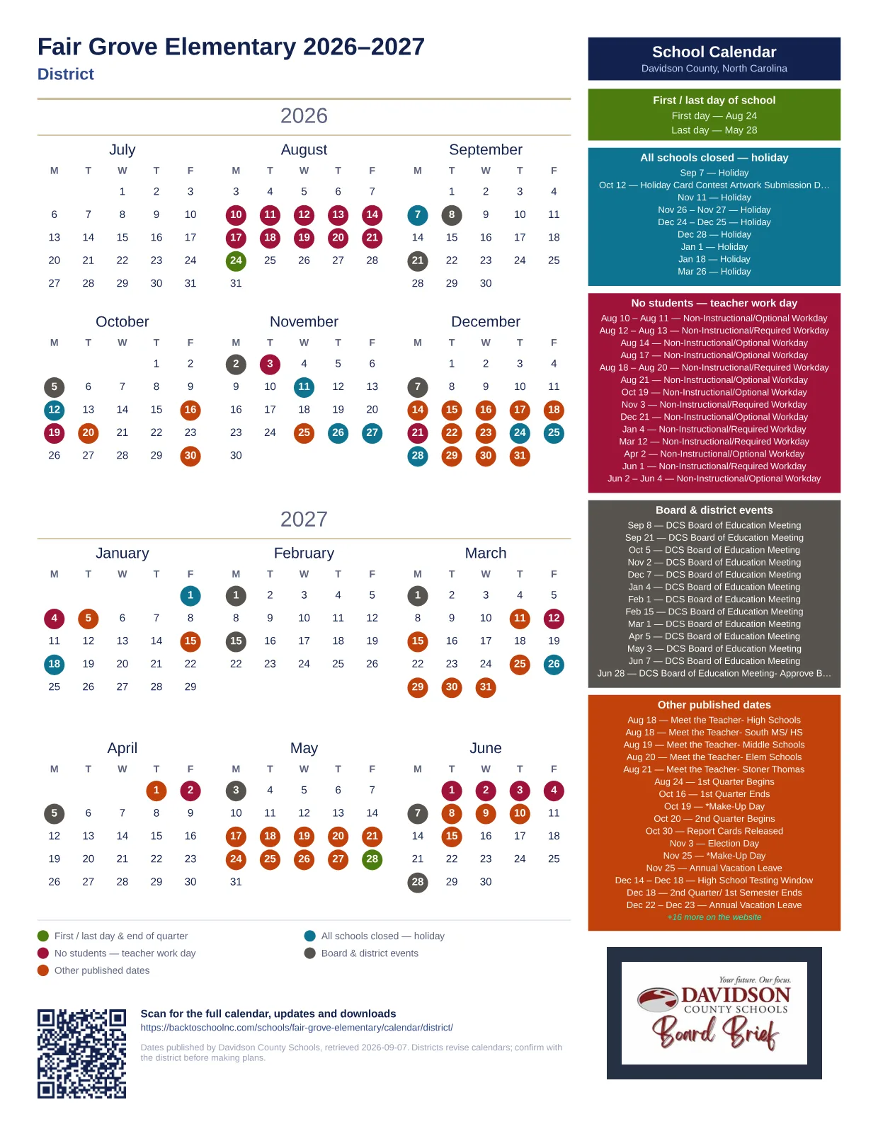 Fair Grove Elementary 2026–2027 printable calendar
