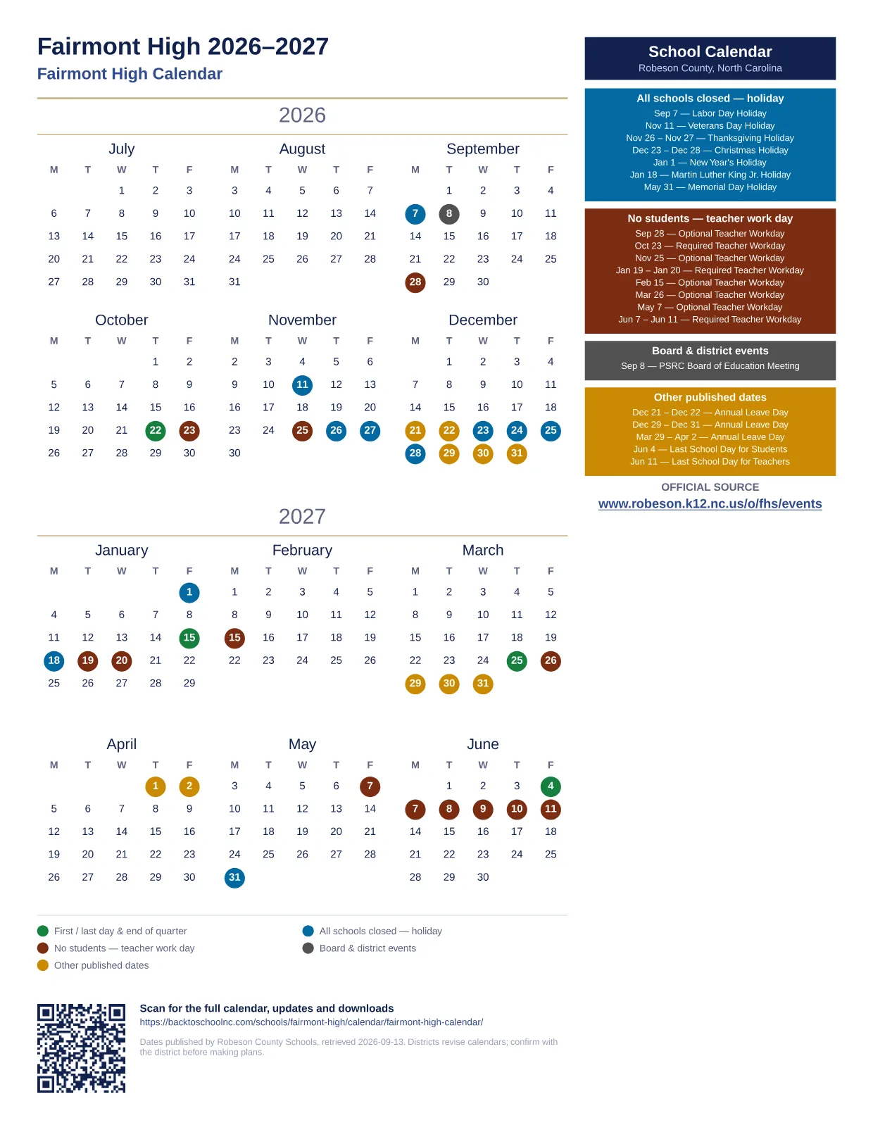 Fairmont High  printable calendar