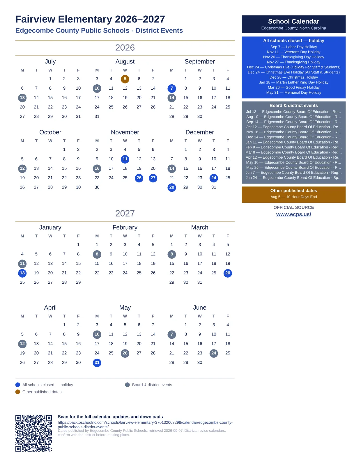 Fairview Elementary printable calendar