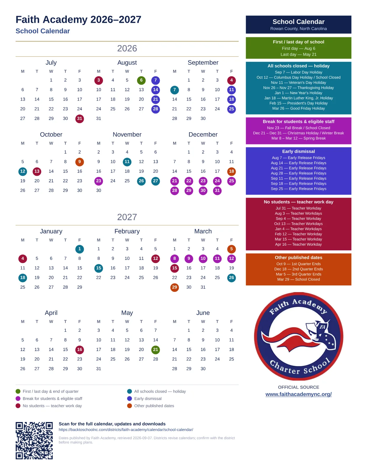 Faith Academy School Calendar 2026–2027 printable calendar