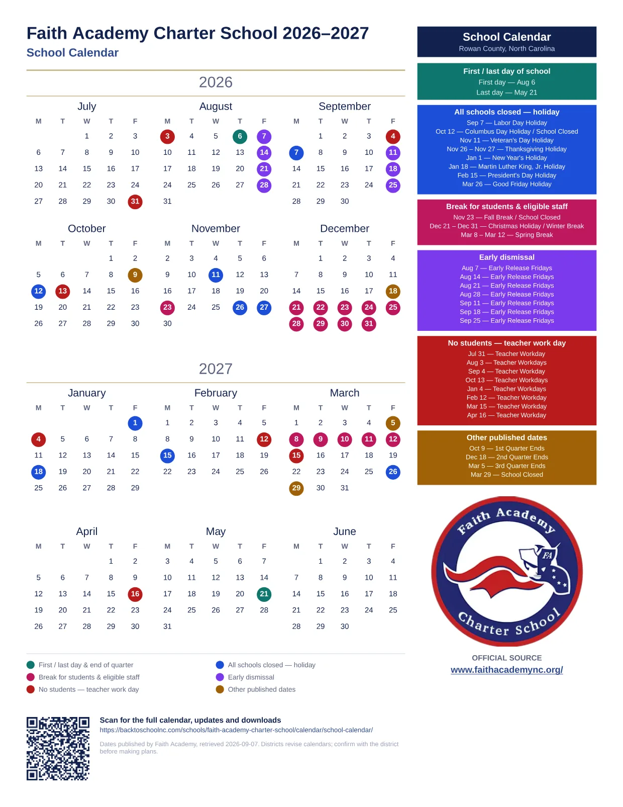 Faith Academy Charter School 2026–2027 printable calendar