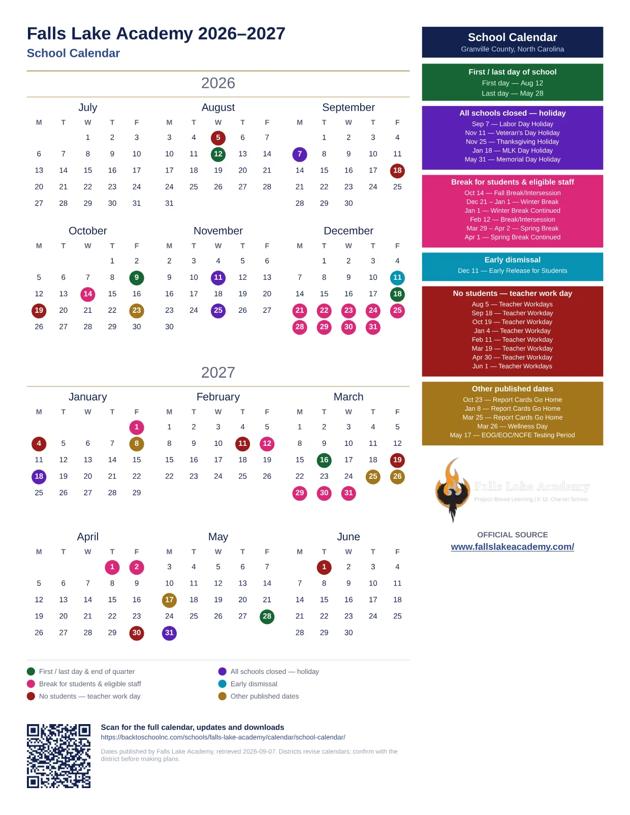 Falls Lake Academy School Calendar 2026–2027 printable calendar