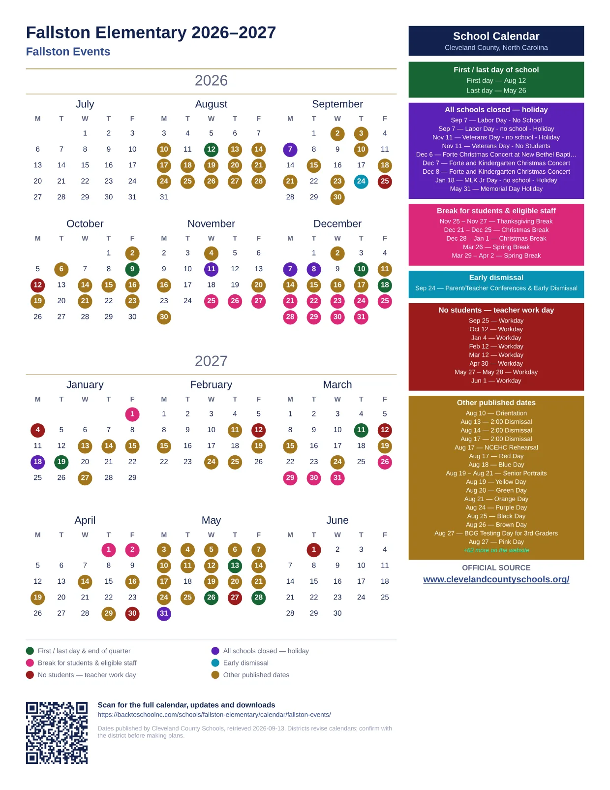 Fallston Elementary 2026–2027 printable calendar