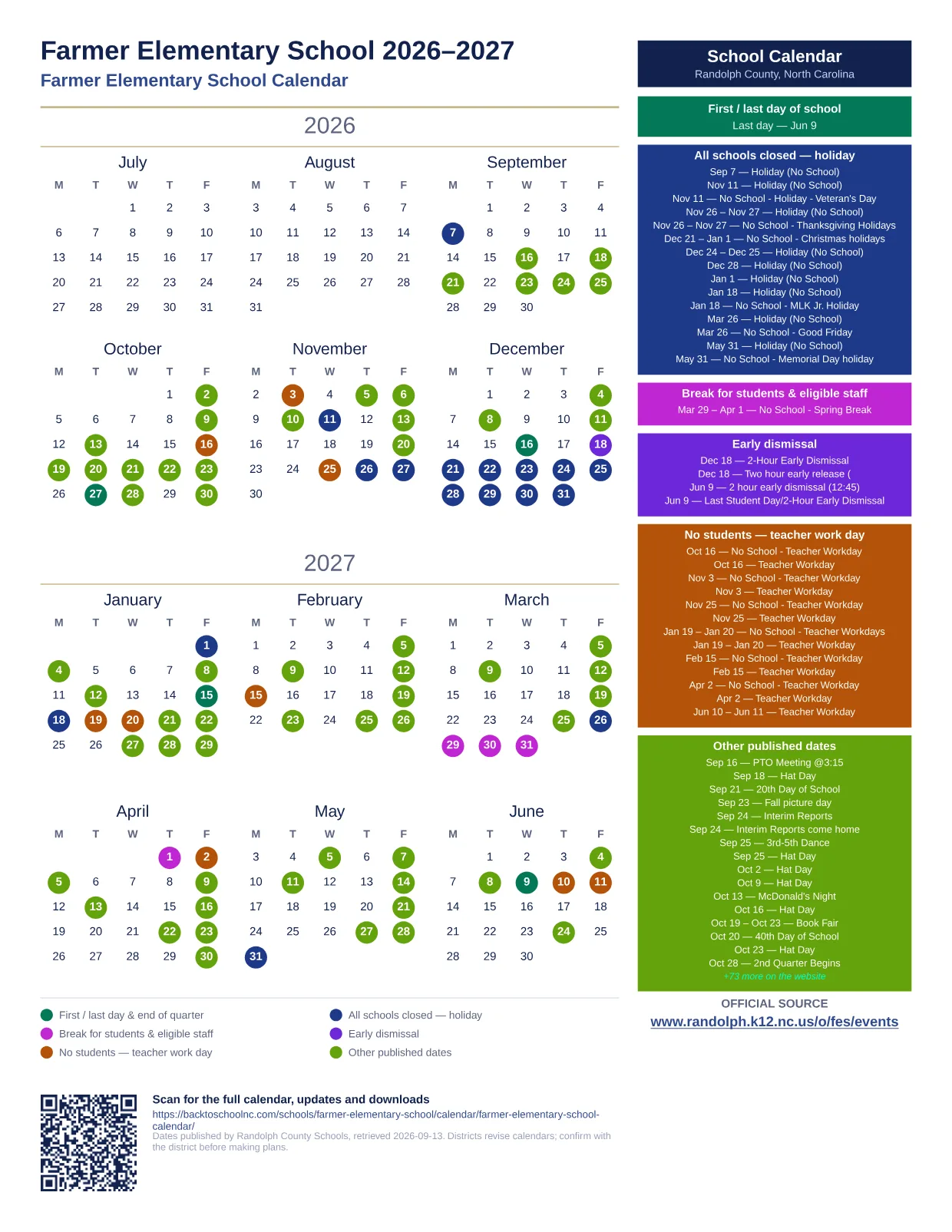 Farmer Elementary School  printable calendar