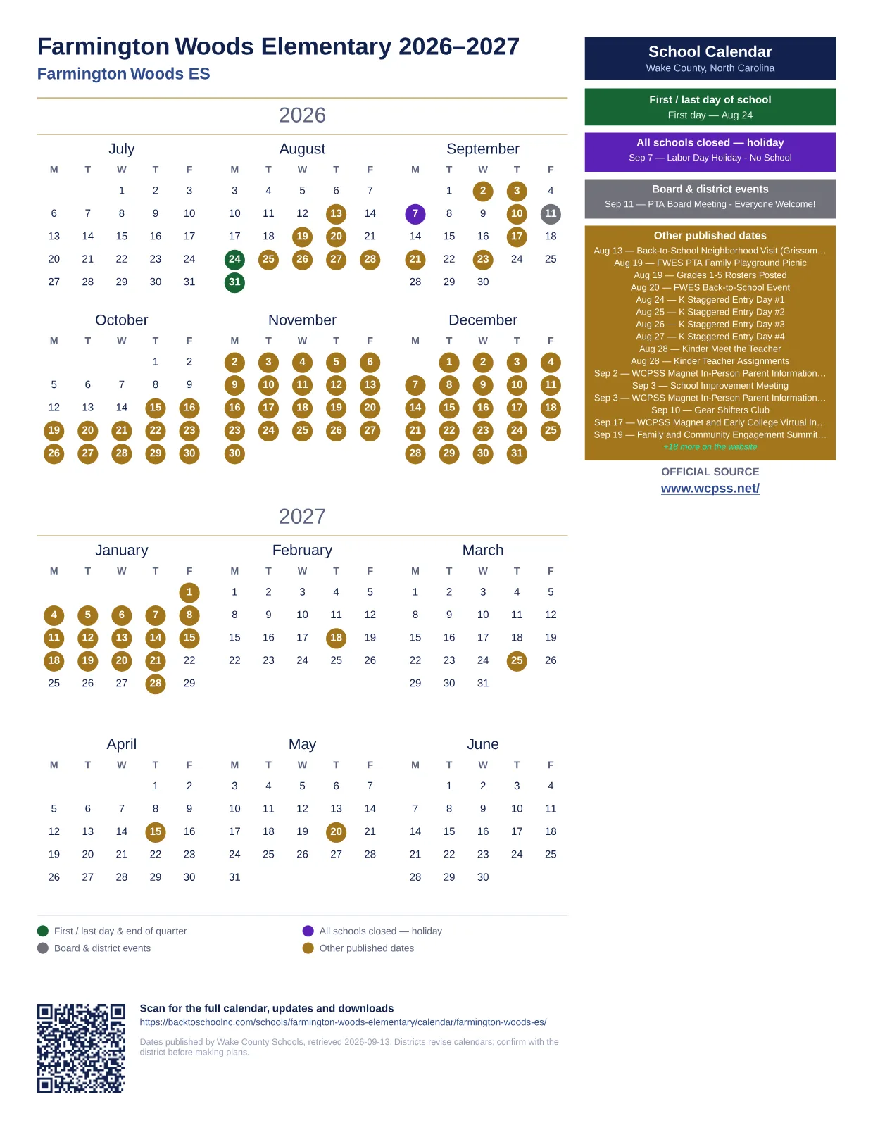Farmington Woods Elementary 2026–2027 printable calendar