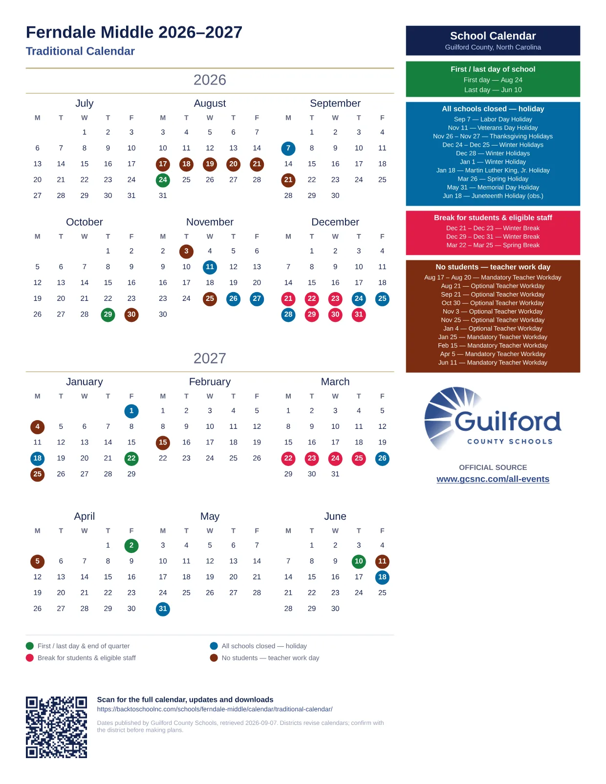 Ferndale Middle 2026–2027 printable calendar