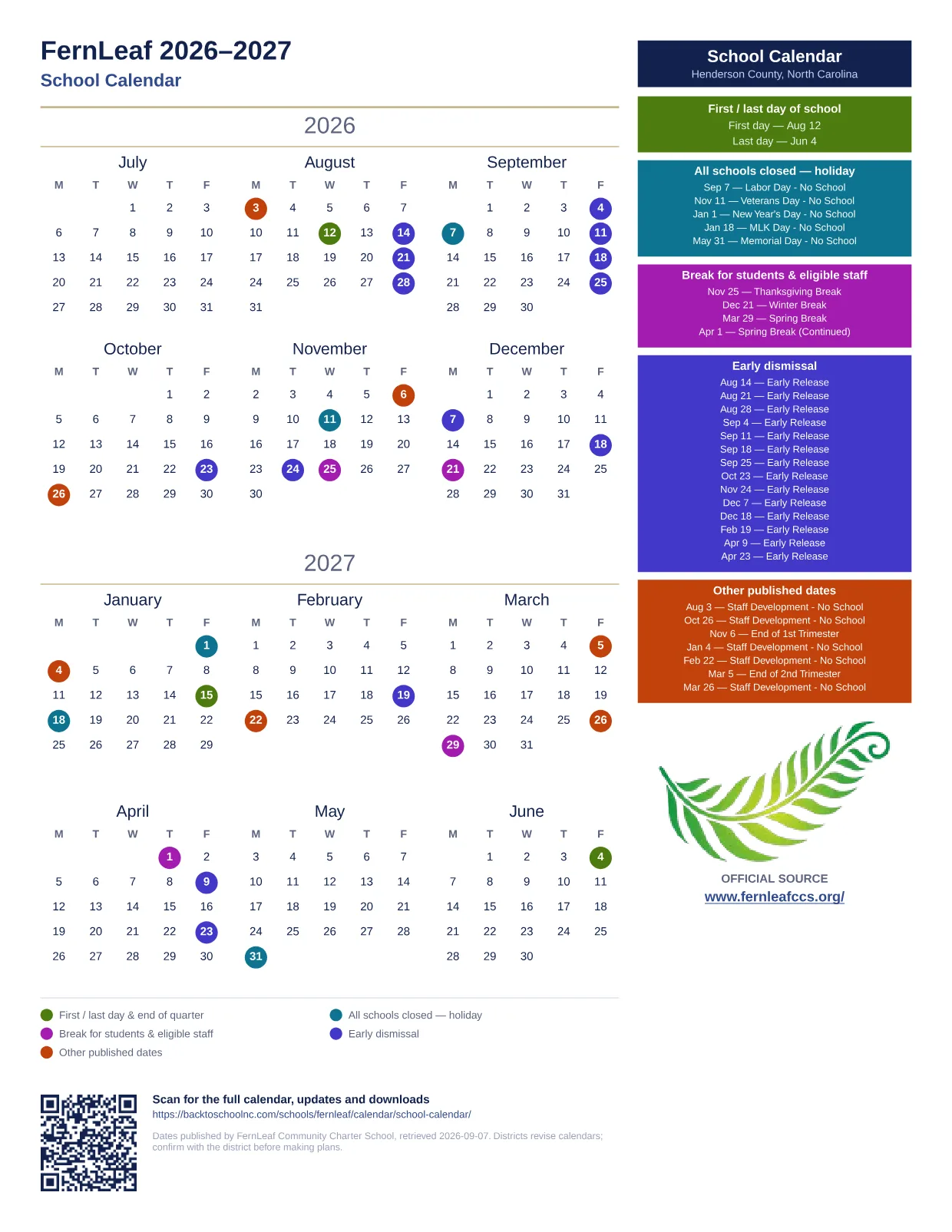 FernLeaf 2026–2027 printable calendar