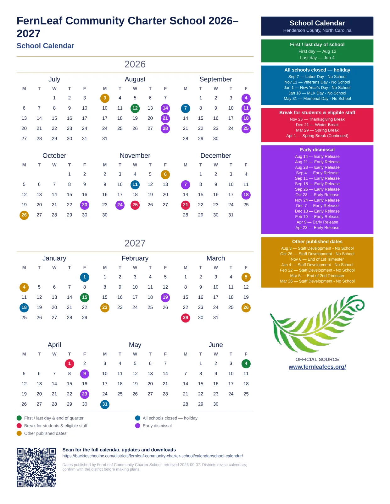 FernLeaf Community Charter School School Calendar 2026–2027 printable calendar