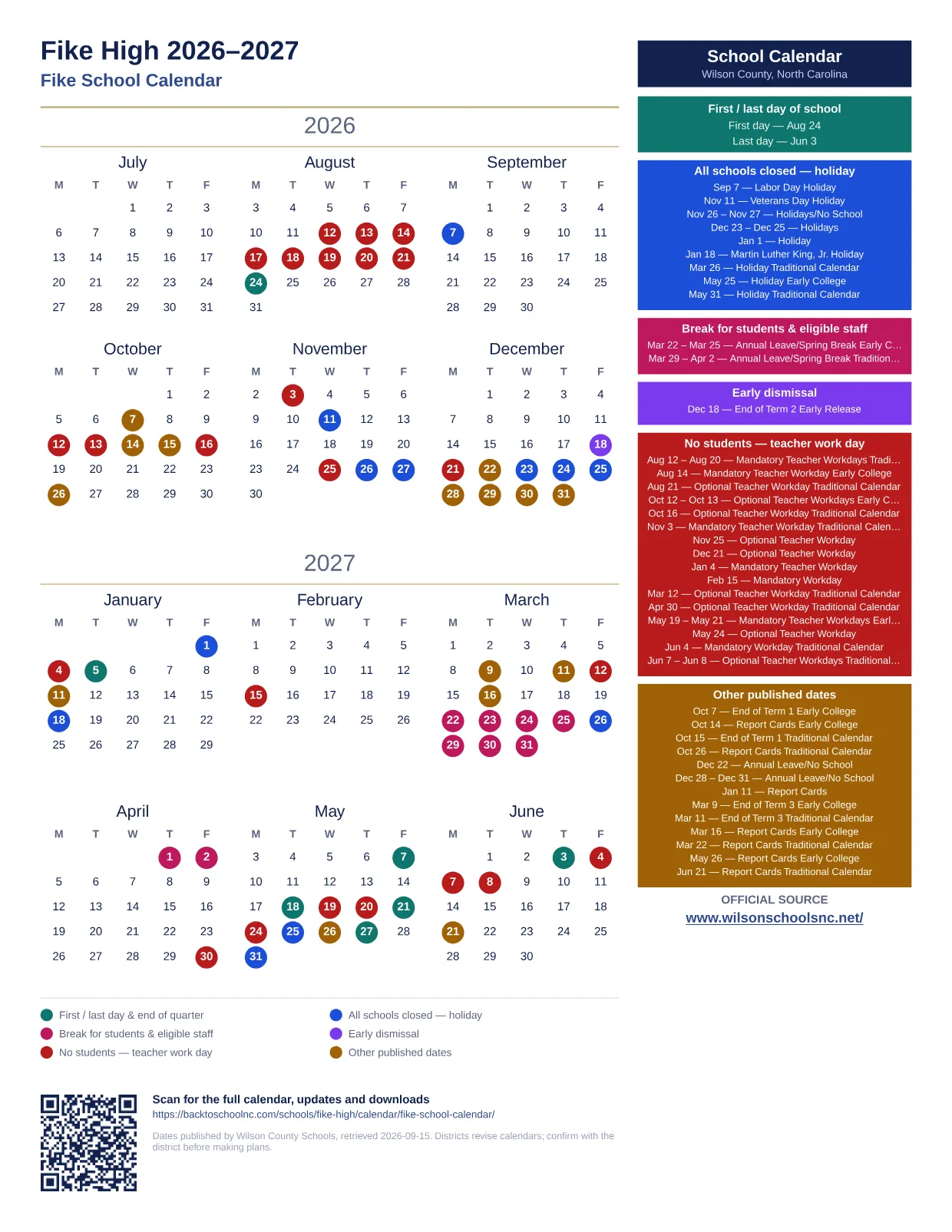Fike High 2026–2027 printable calendar