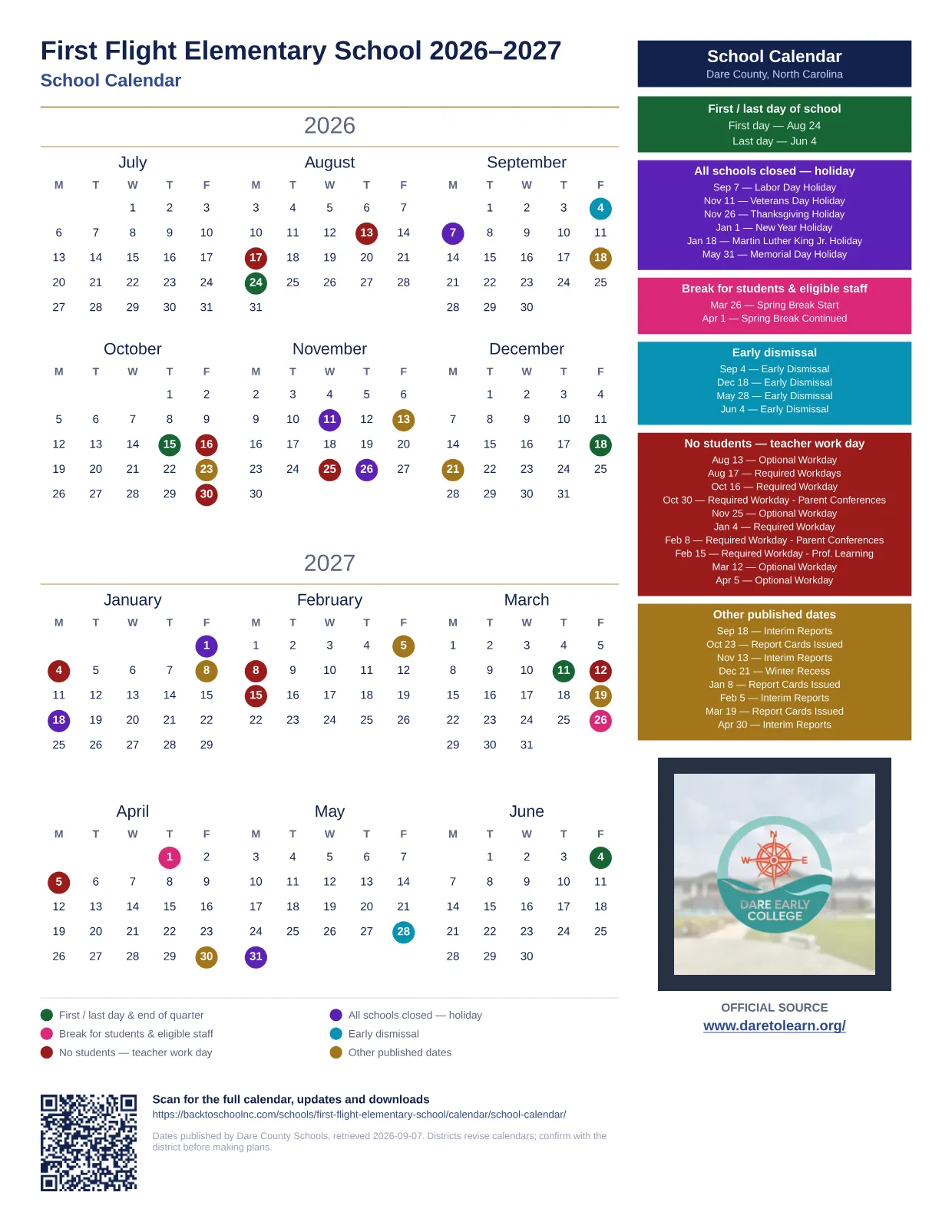 First Flight Elementary School 2026–2027 printable calendar