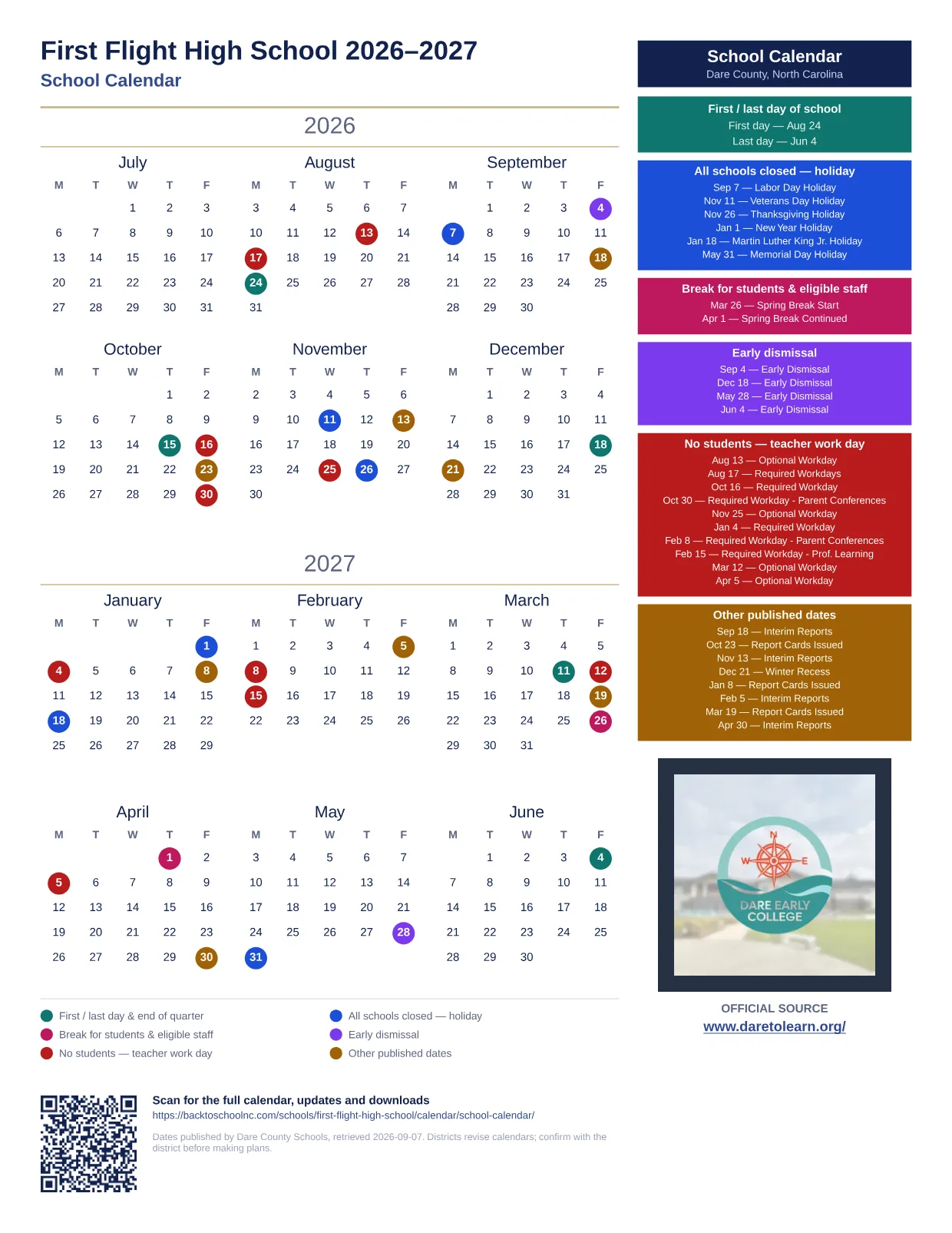 First Flight High School 2026–2027 printable calendar