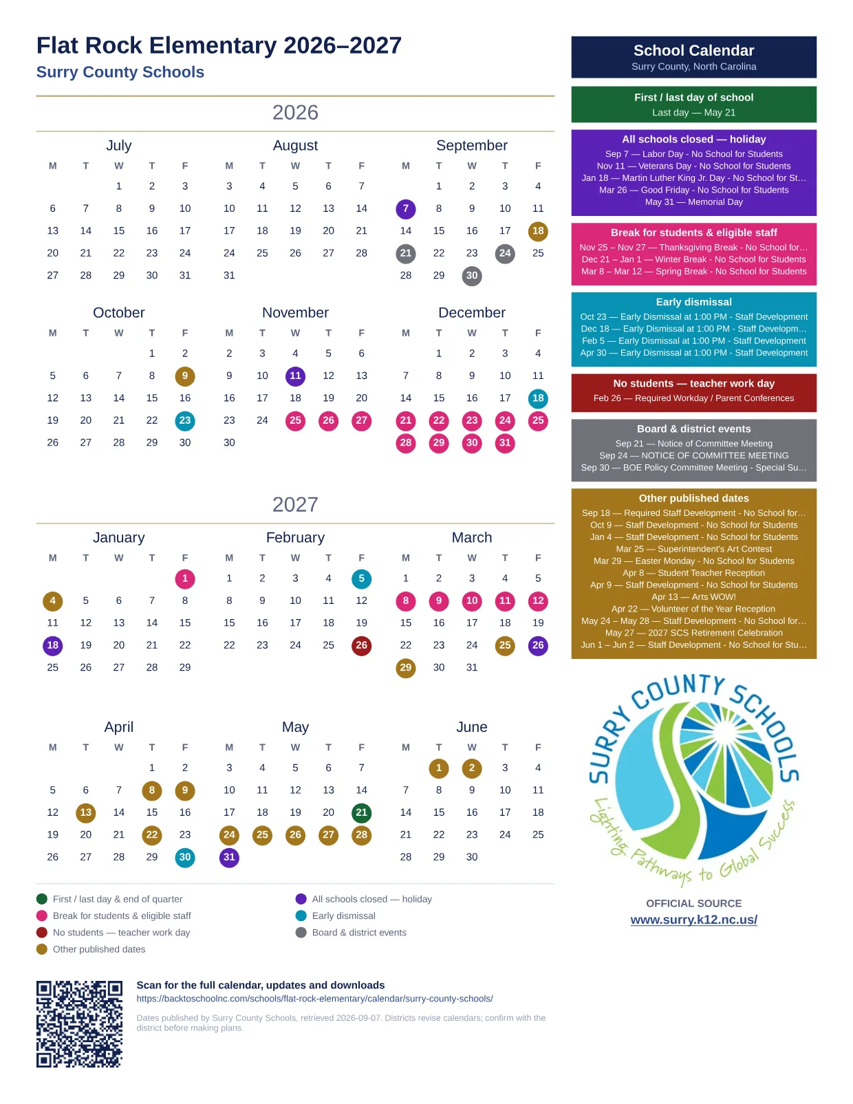 Flat Rock Elementary printable calendar
