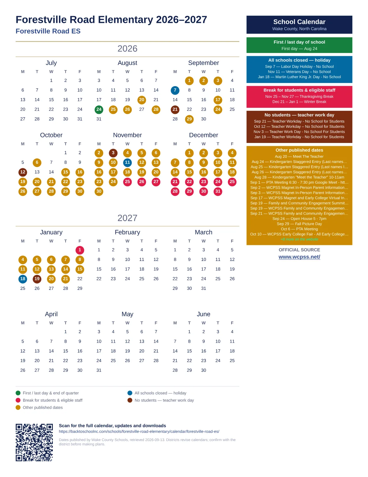 Forestville Road Elementary 2026–2027 printable calendar