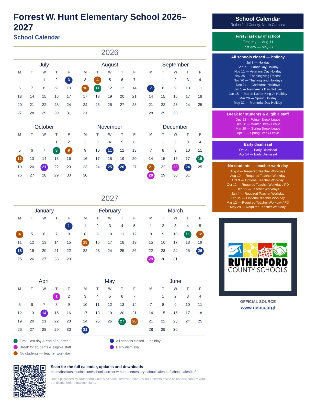Forrest W. Hunt Elementary School 2026–2027 printable calendar