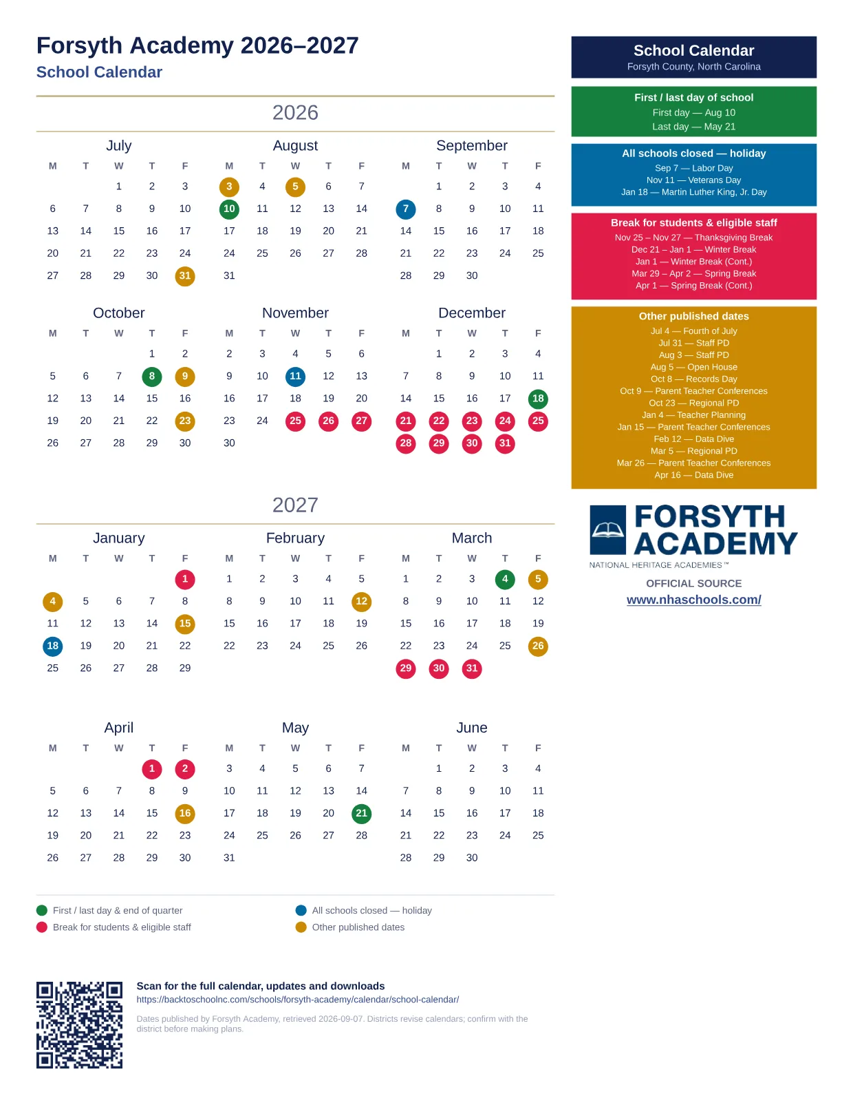 Forsyth Academy School Calendar 2026–2027 printable calendar