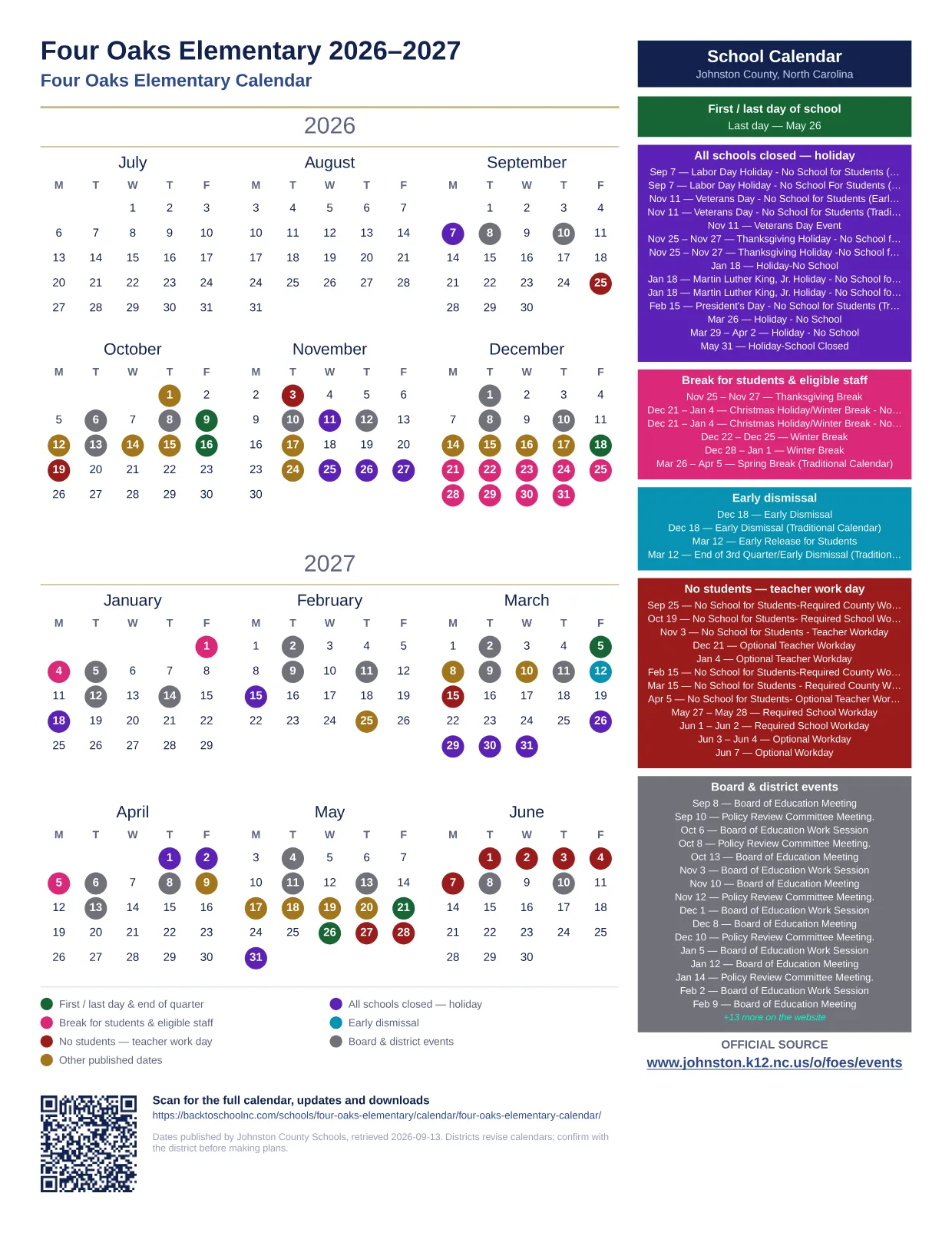 Four Oaks Elementary printable calendar