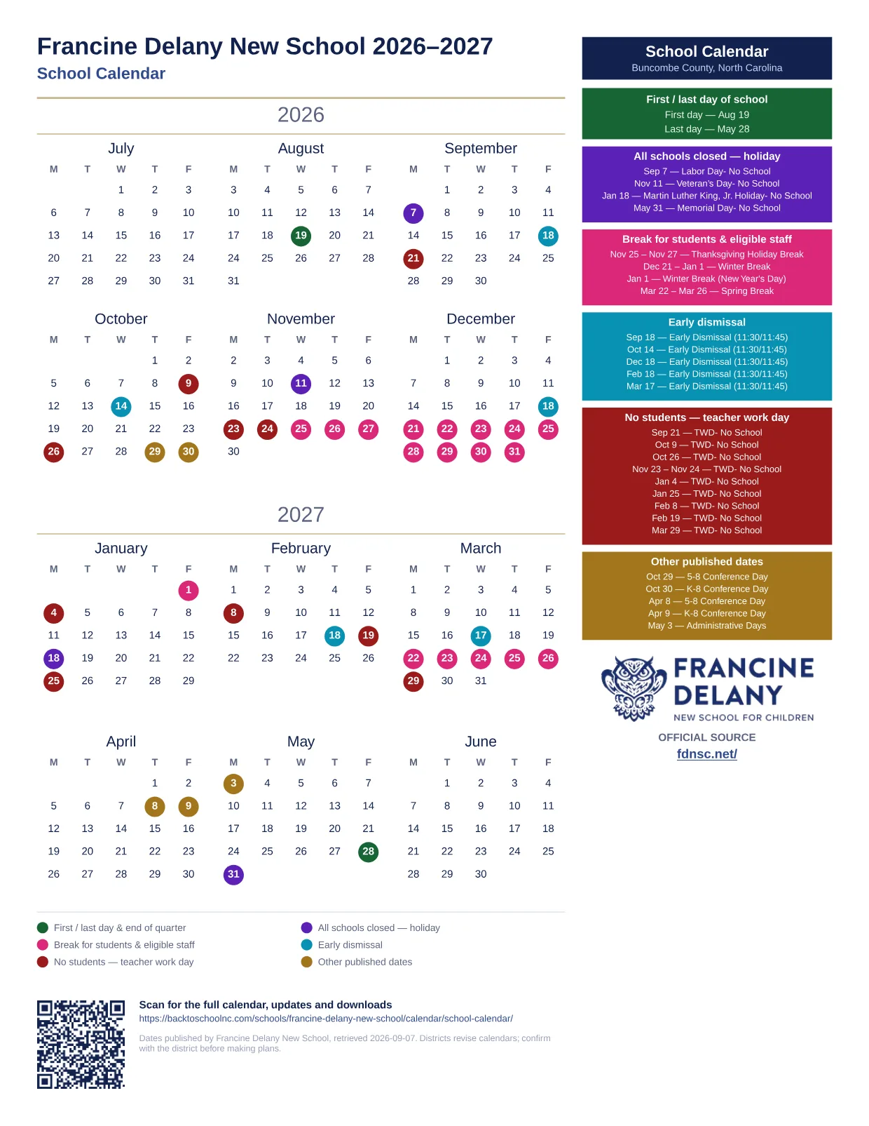 Francine Delany New School School Calendar 2026–2027 printable calendar