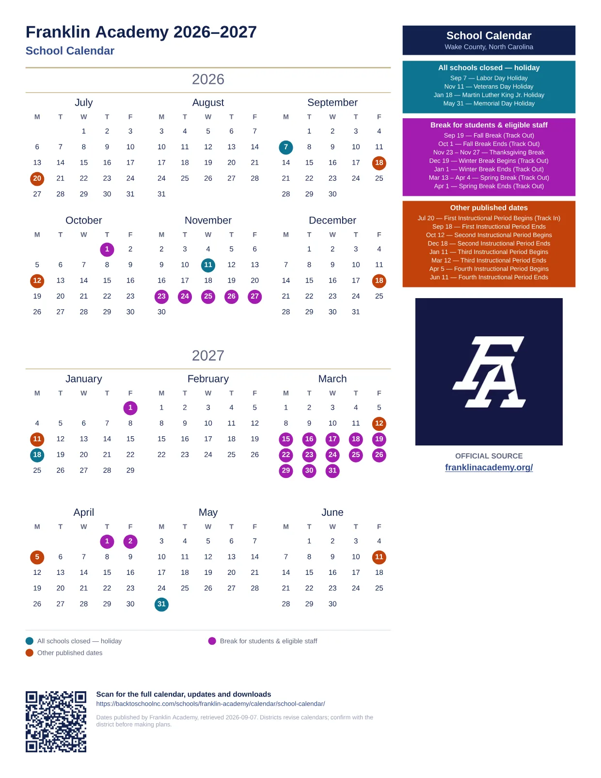 Franklin Academy School Calendar  printable calendar