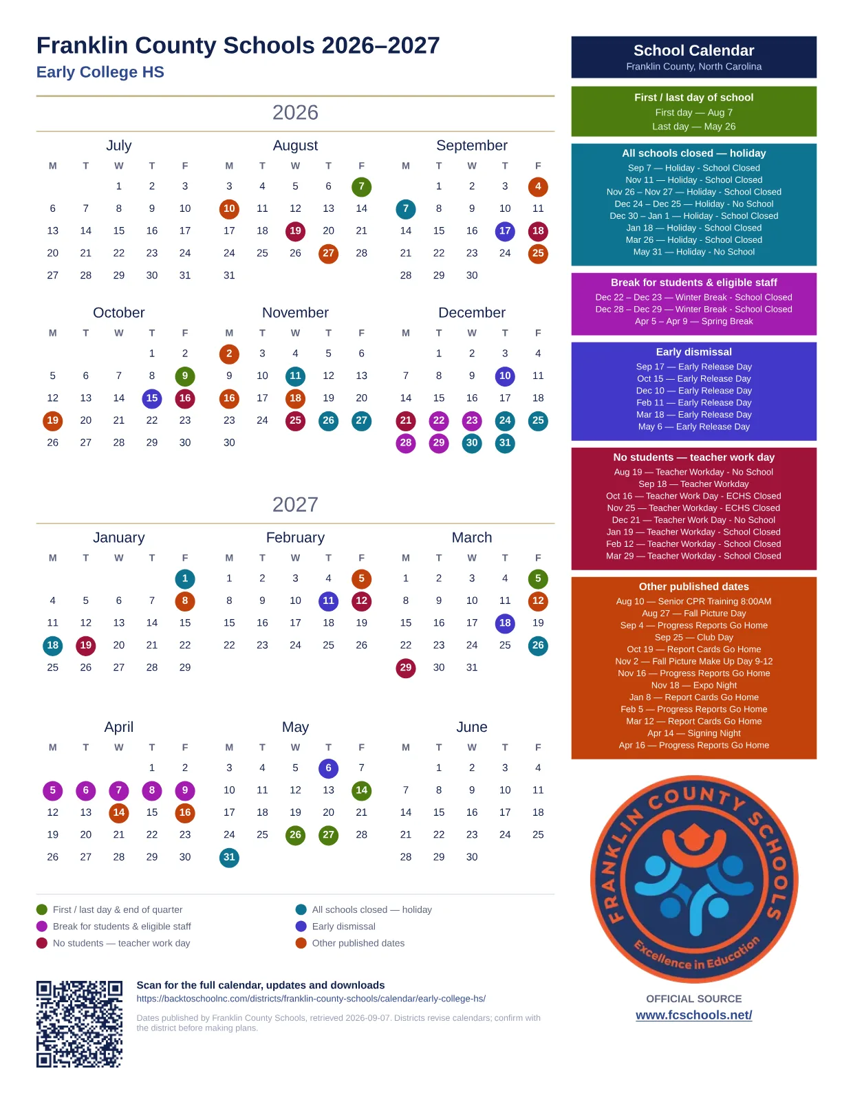 Franklin County Schools Early College HS 2026–2027 printable calendar