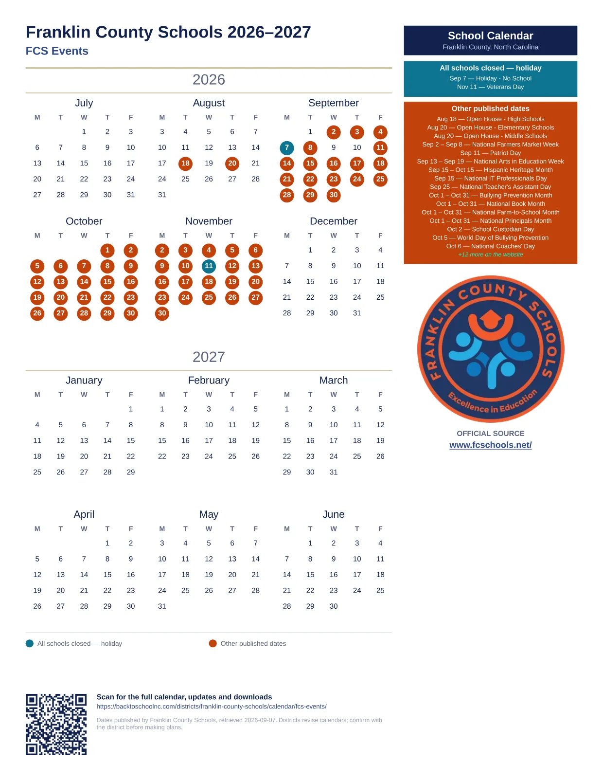 Franklin County Schools FCS Events  printable calendar
