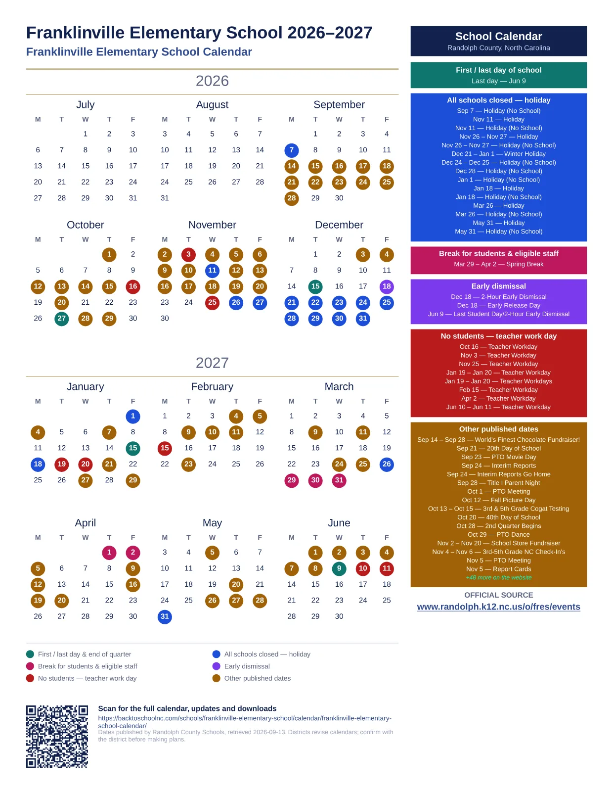 Franklinville Elementary School  printable calendar