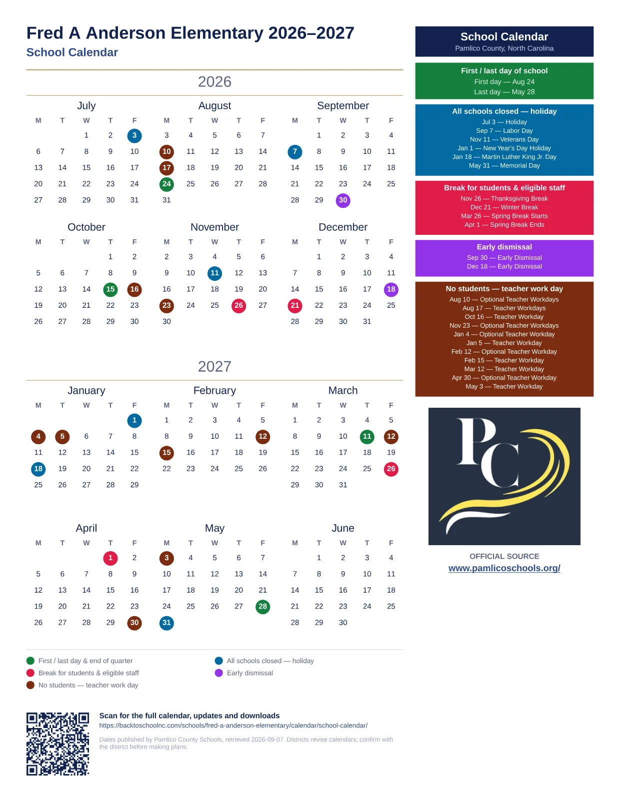 Fred A Anderson Elementary 2026–2027 printable calendar