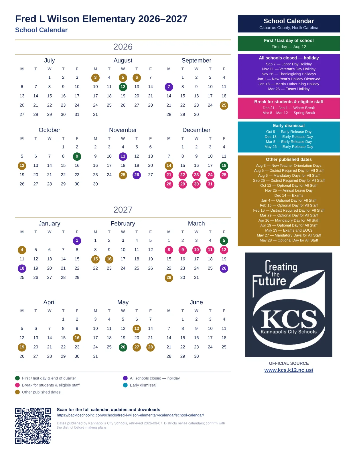 Fred L Wilson Elementary 2026–2027 printable calendar