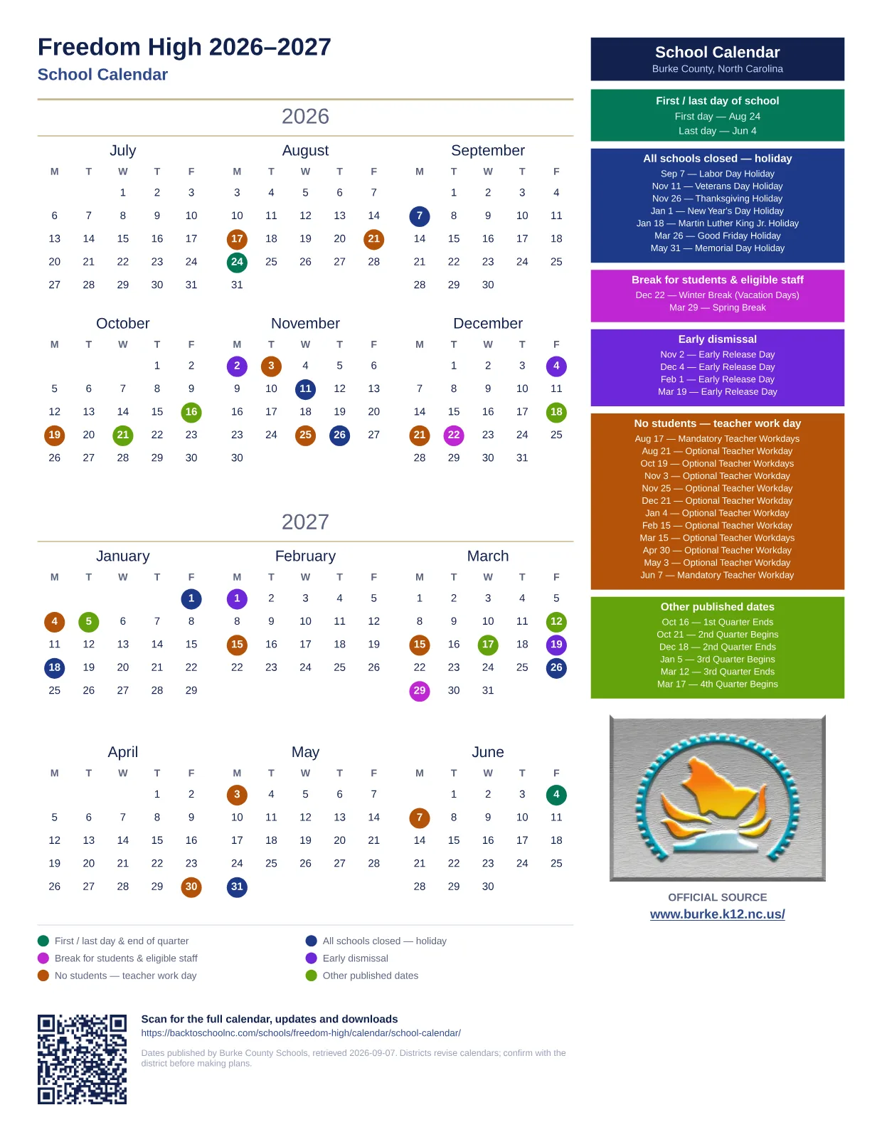 Freedom High 2026–2027 printable calendar