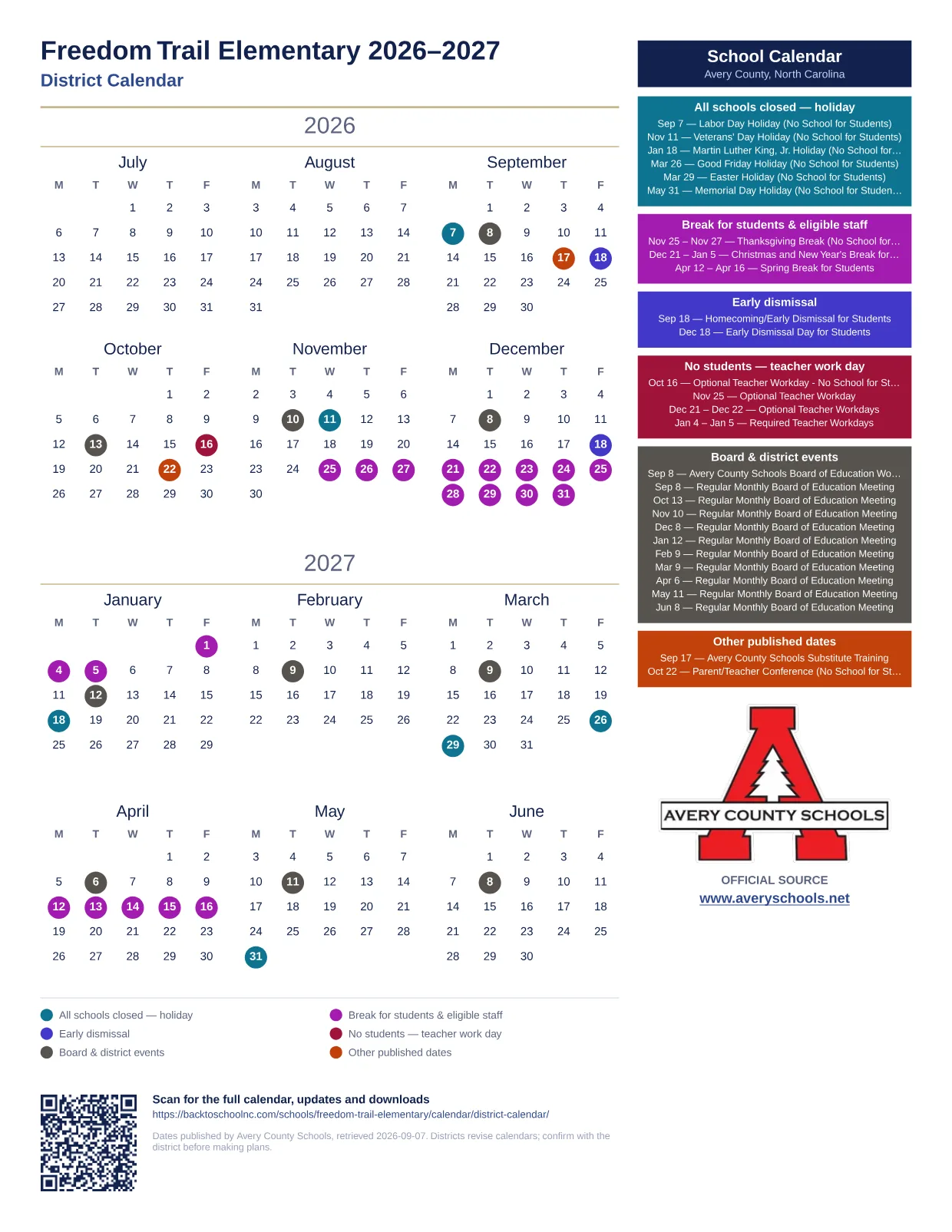Freedom Trail Elementary  printable calendar