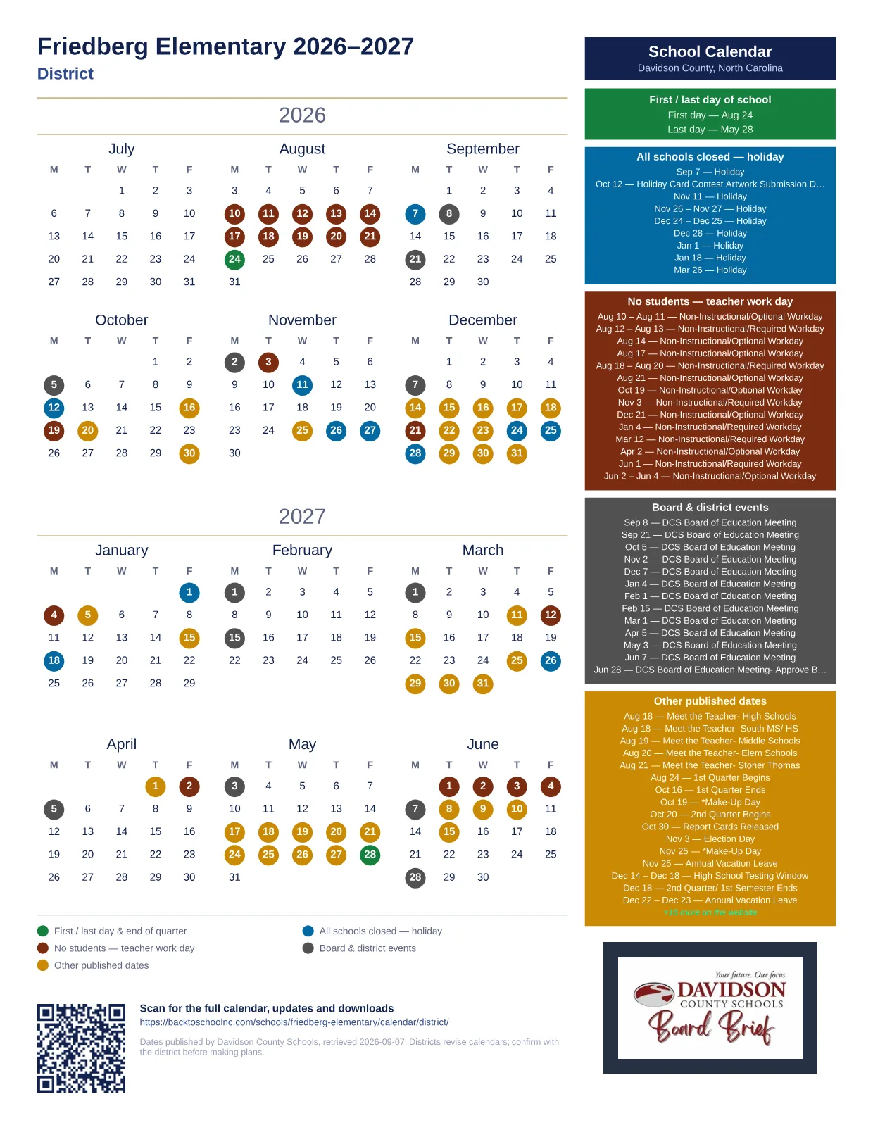 Friedberg Elementary 2026–2027 printable calendar