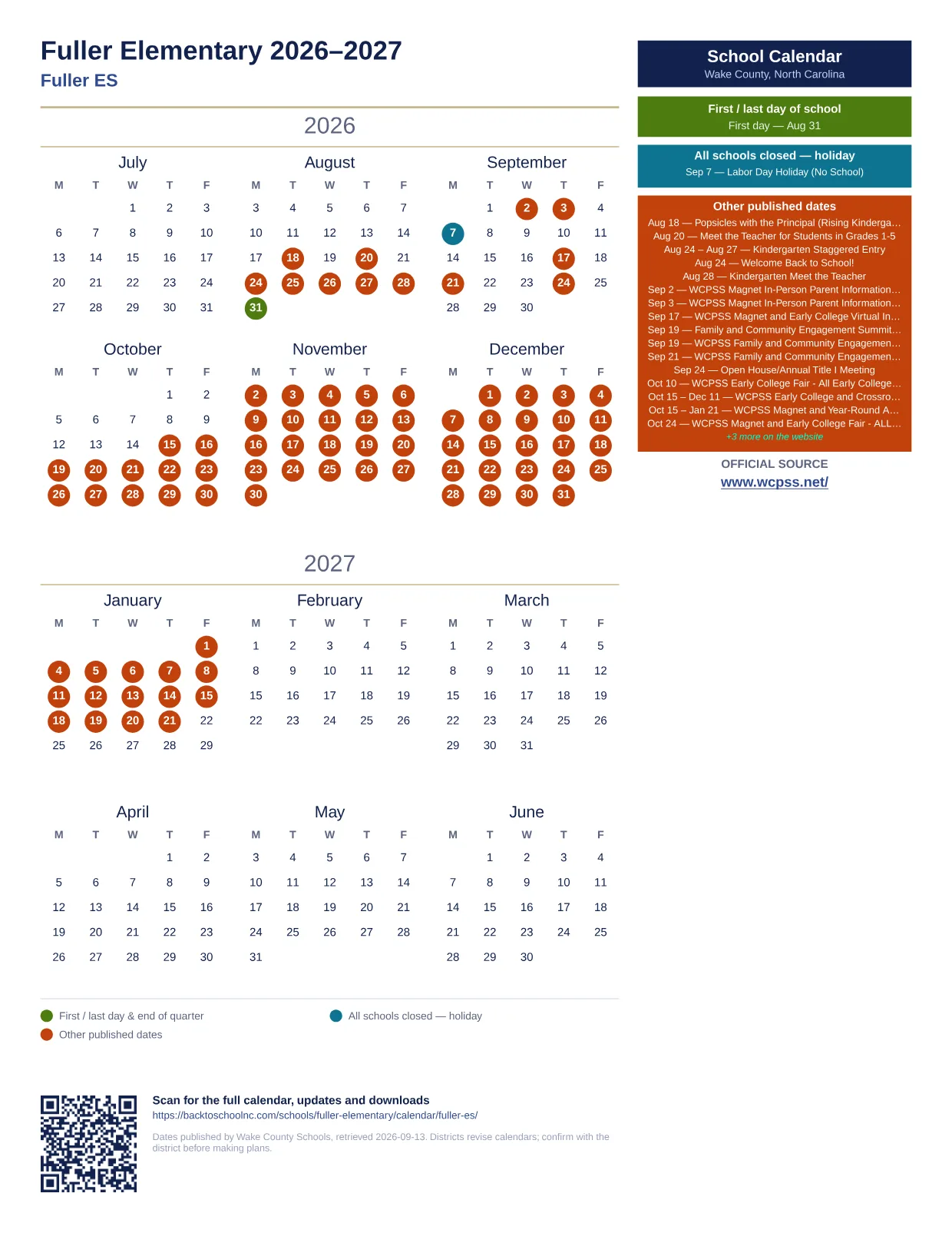 Fuller Elementary 2026–2027 printable calendar