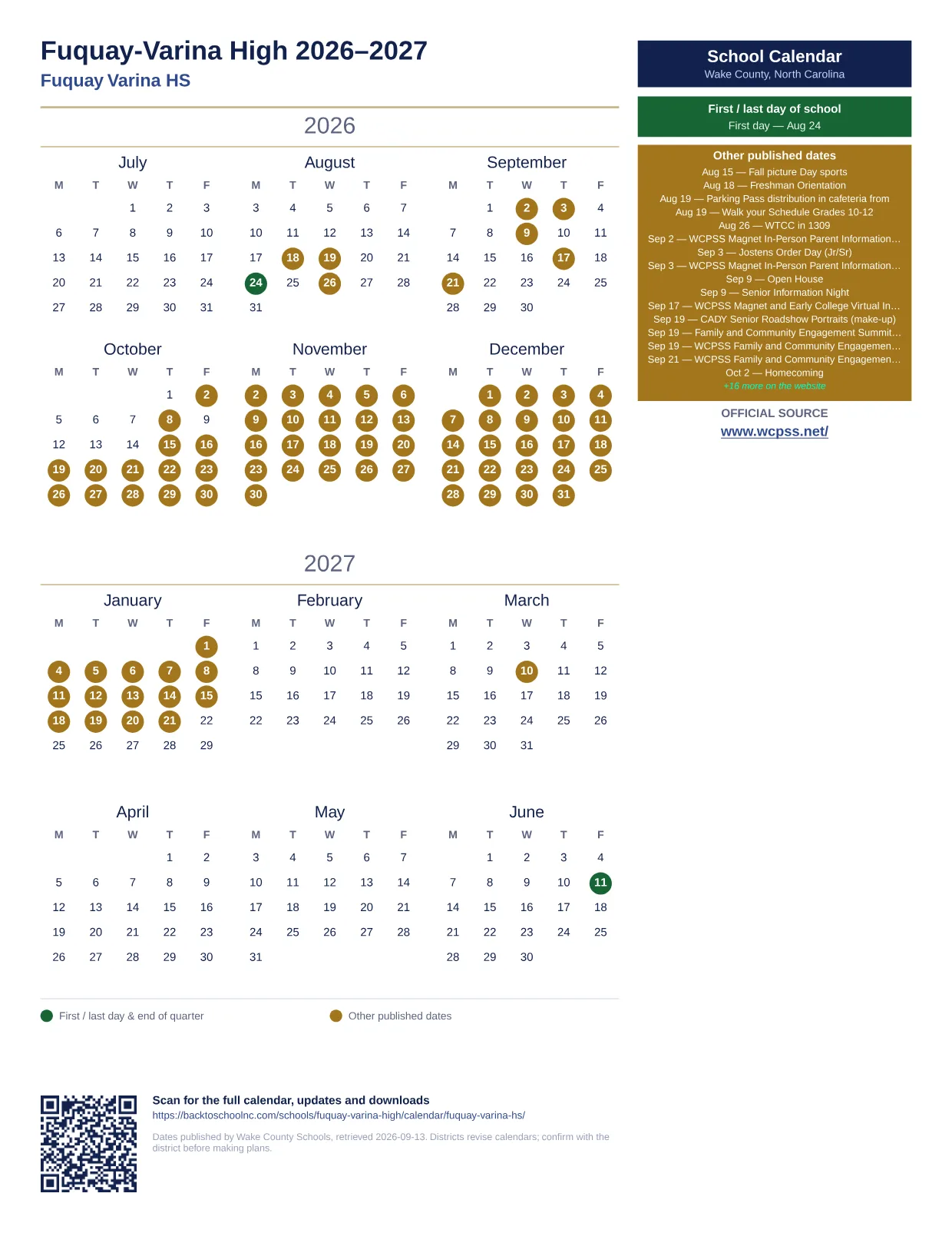 Fuquay-Varina High 2026–2027 printable calendar
