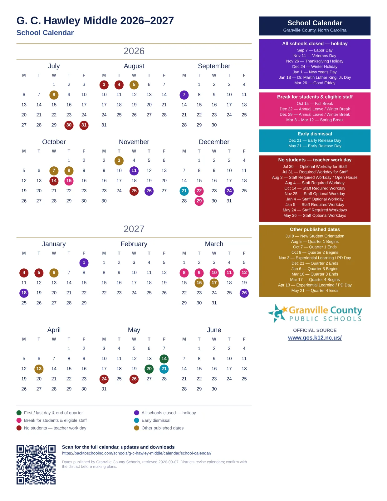 G. C. Hawley Middle  printable calendar