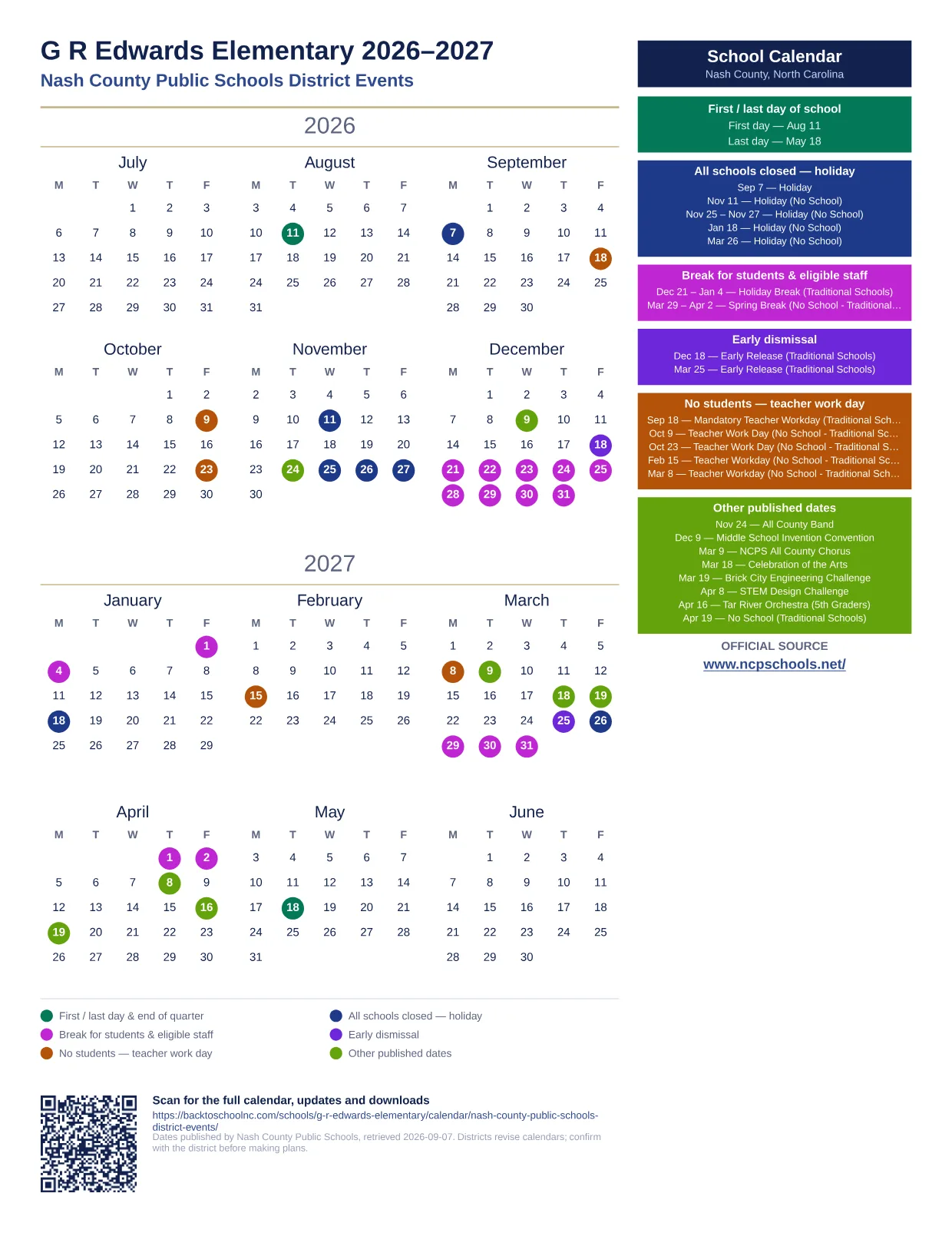 G R Edwards Elementary 2026–2027 printable calendar