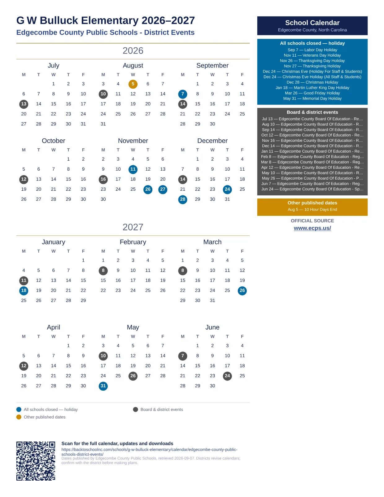 G W Bulluck Elementary  printable calendar