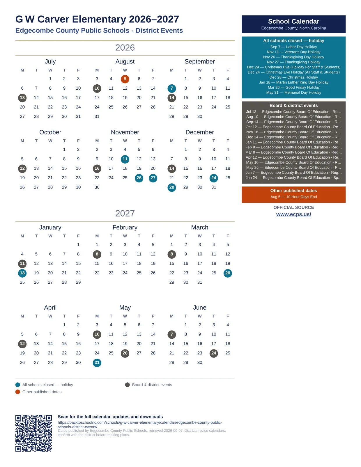 G W Carver Elementary  printable calendar