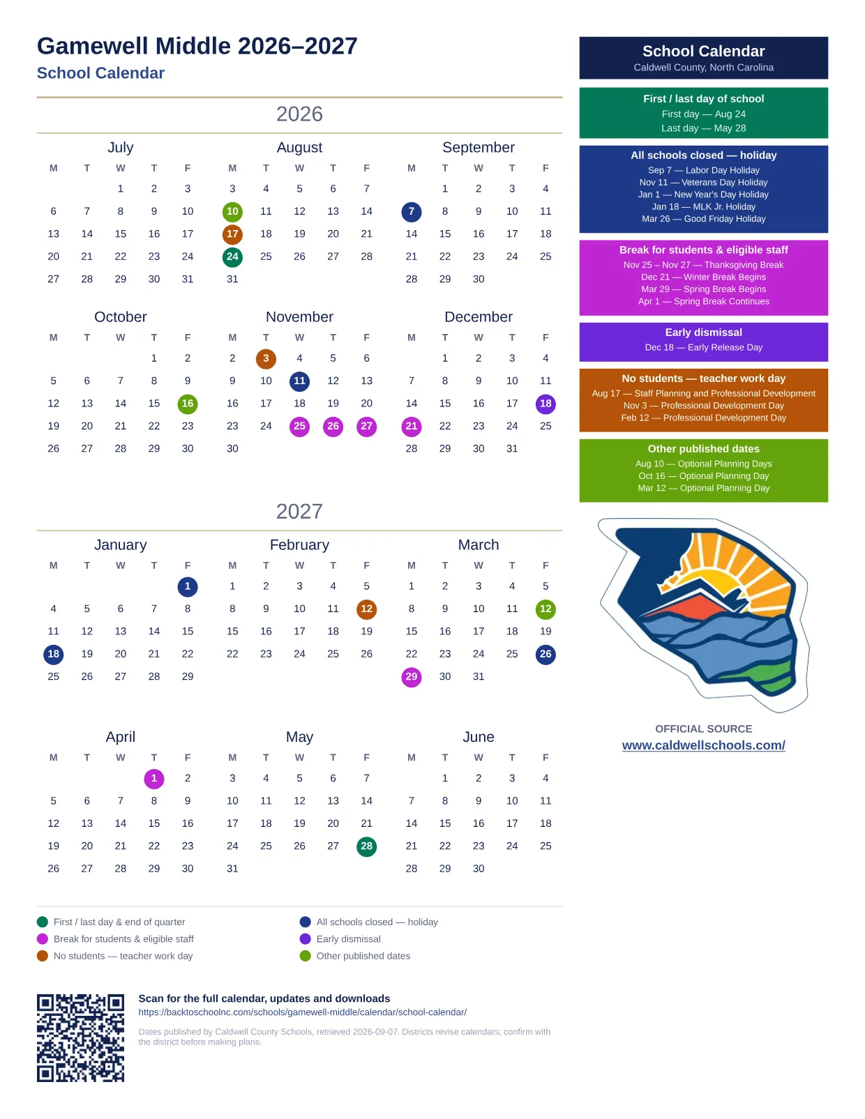 Gamewell Middle 2026–2027 printable calendar