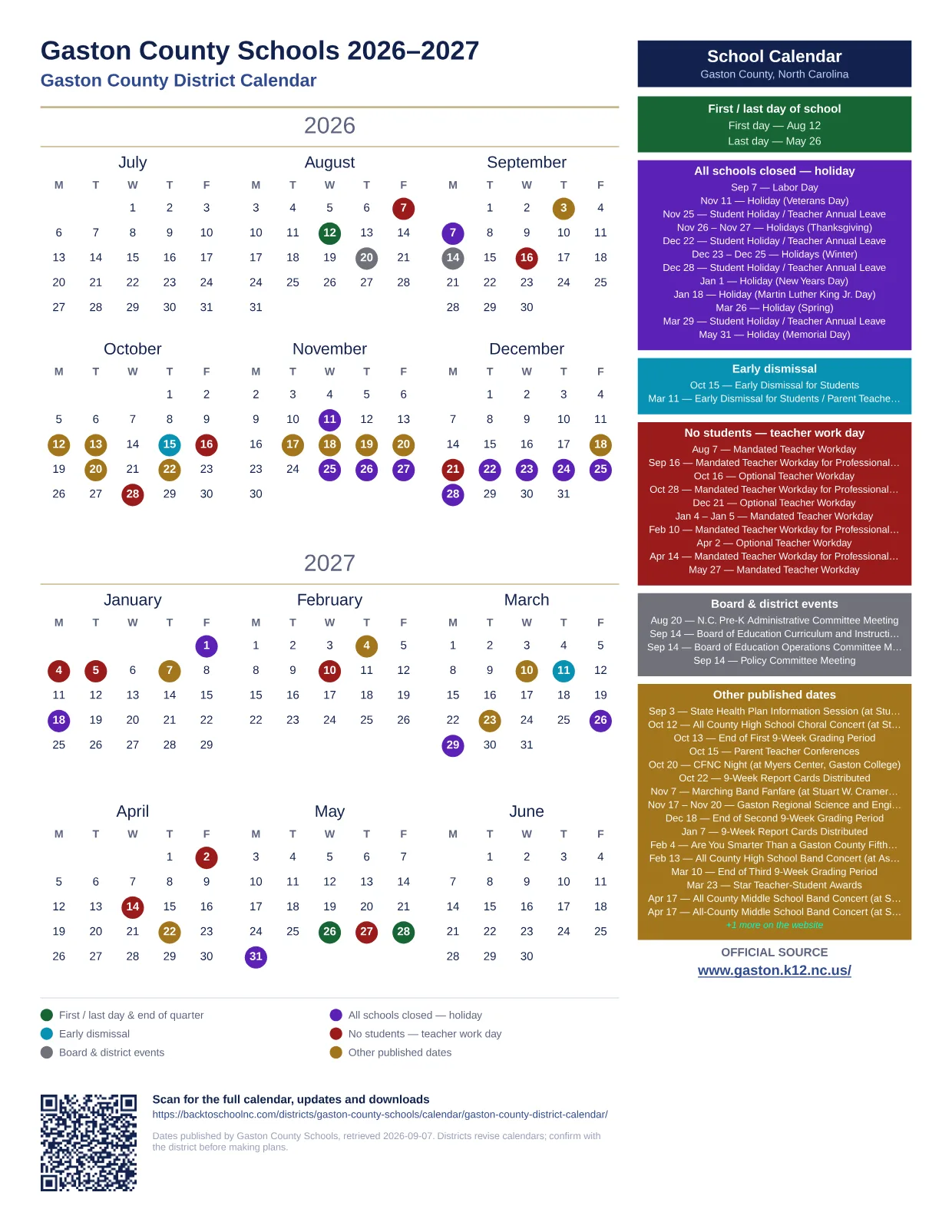 Gaston County Schools Gaston County District Calendar 2026–2027 printable calendar