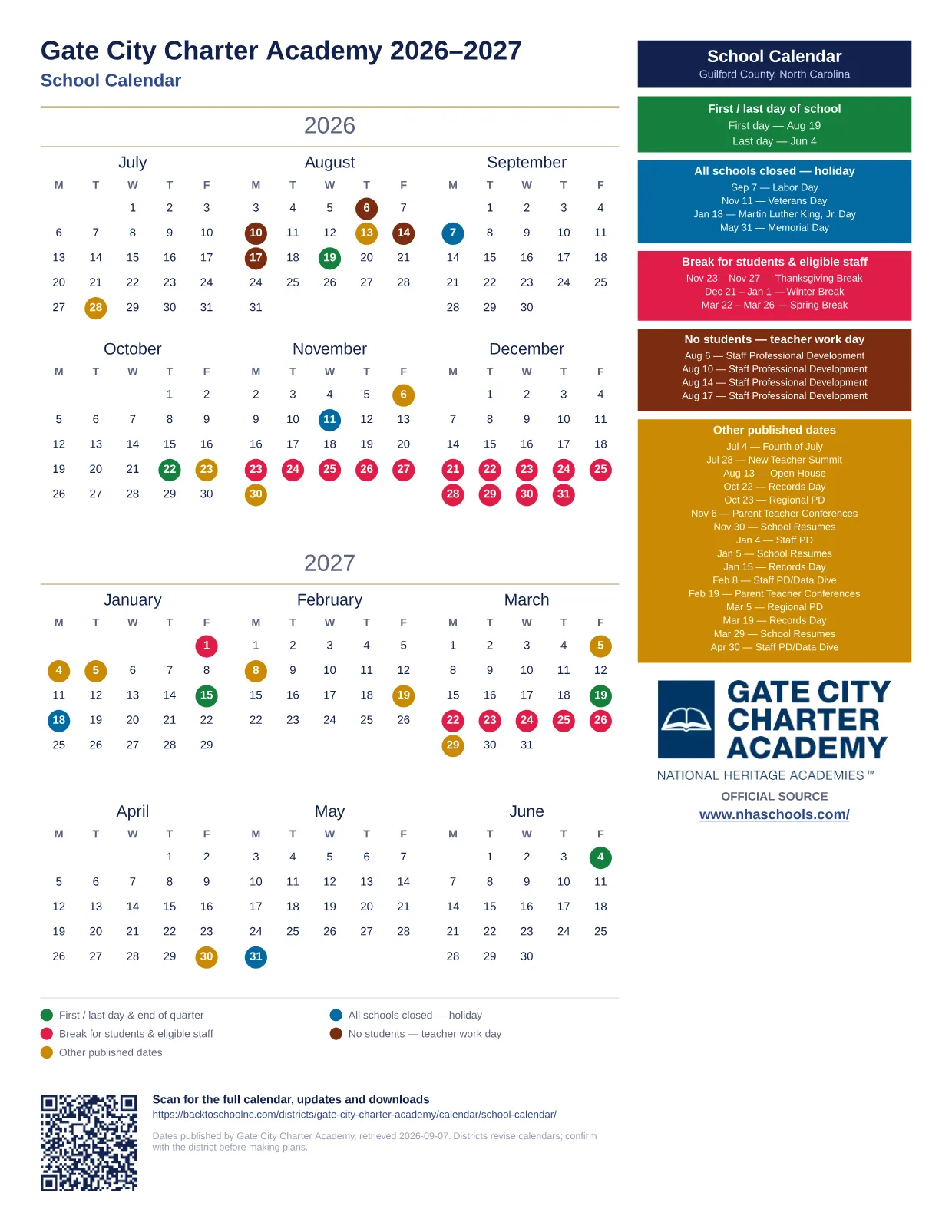 Gate City Charter Academy School Calendar 2026–2027 printable calendar
