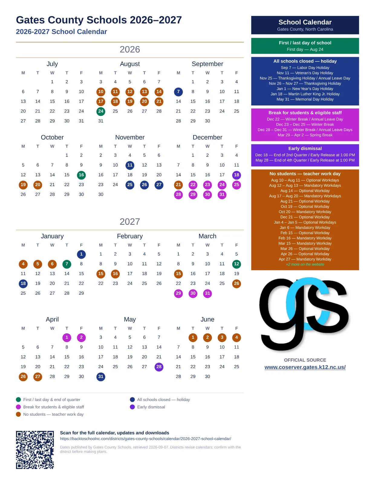 Gates County Schools 2026-2027 School Calendar 2026–2027 printable calendar