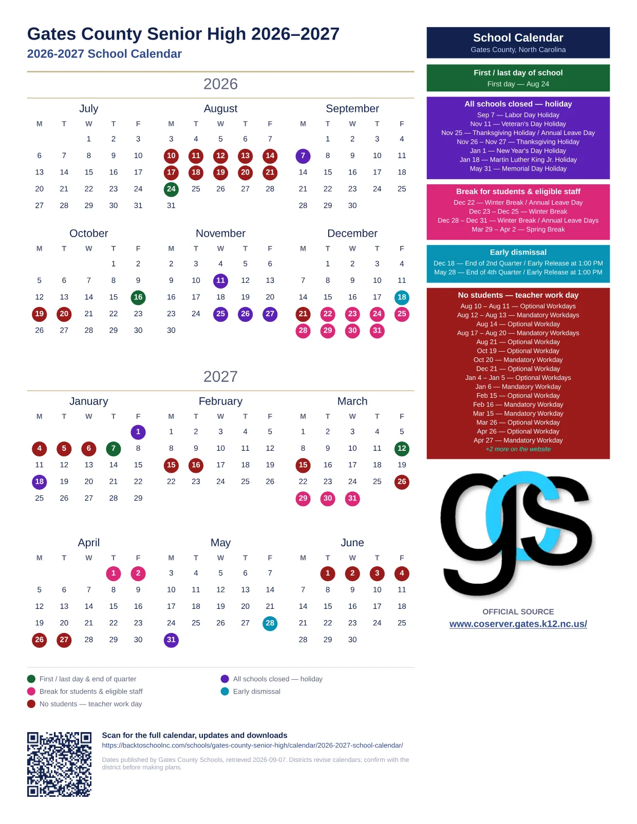 Gates County Senior High 2026–2027 printable calendar