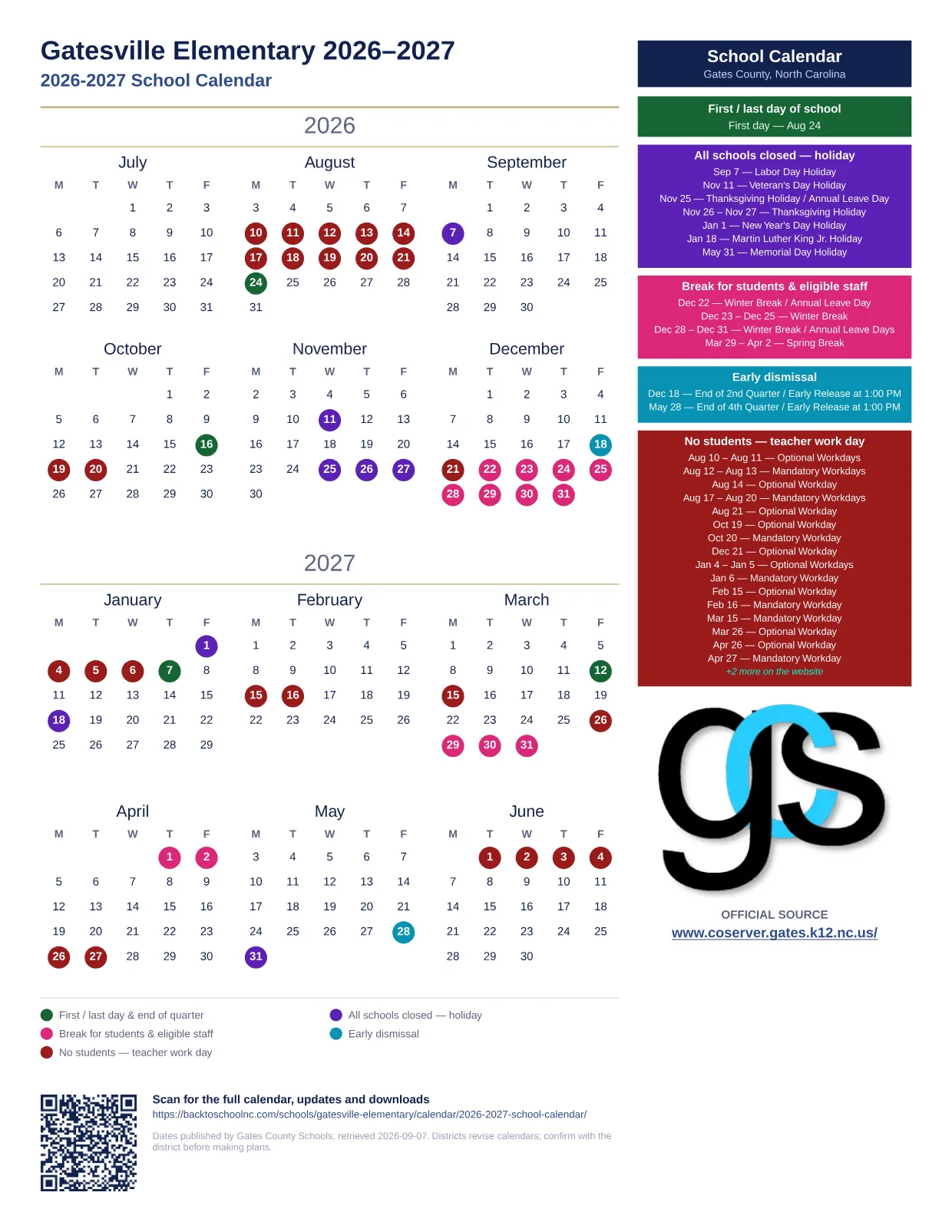 Gatesville Elementary 2026–2027 printable calendar